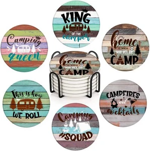 Coaster For Drinks Set Of 6 Wooden Summer Camping Forest Absorbent Round Ceramic - Picture 1 of 6