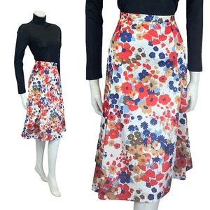 VTG 60S 70S MOD WHITE RED BLUE BROWN FLORAL A LNE MINI SKIRT 12 - Picture 1 of 10