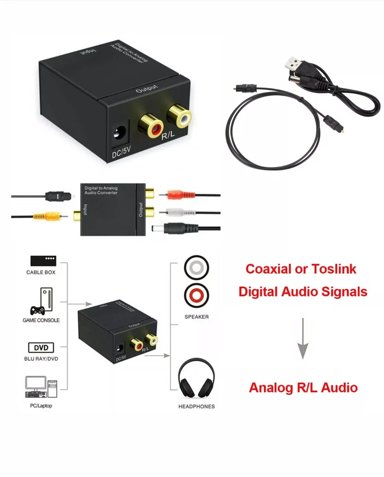 Toslink Signal Optical Coaxial Digital to Analog Audio Converter Adapter RCA L/r - Image 1 of 4