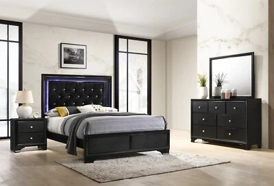 NEW Black L.E.D. Lighting 4PC Queen King Twin Full Modern Bedroom Set Bed/D/M/N - Image 1 of 4