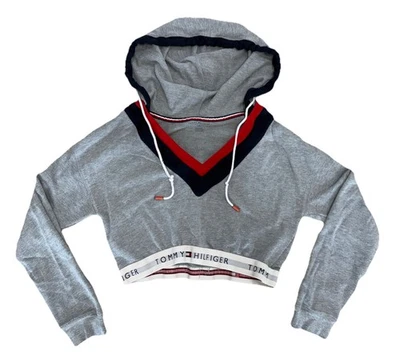 Tommy Hilfiger Gris Rojo Universitario Recortado Sudadera con Capucha Atletismo Sudadera Talla Grande Foto 1 de 3