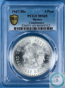 1947-Mo Silver Cinco Peso Cuauhtémoc PCGS MS65 - Blast White Blistering Glow! - Picture 1 of 14