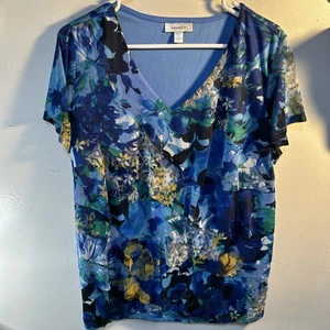 Dressbarn Blue Floral Blouse Top Women Short Sleeve Ruffle V-neck 1X S063 - Picture 1 of 5