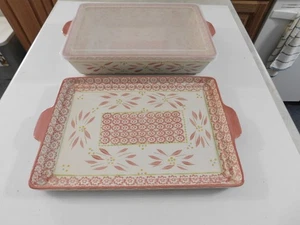TEMPTATIONS BY TARA OLD WORLD CERAMIC PINK CASSEROLE DISH 3 PCS 9X13 TRAY & LID - Picture 1 of 16