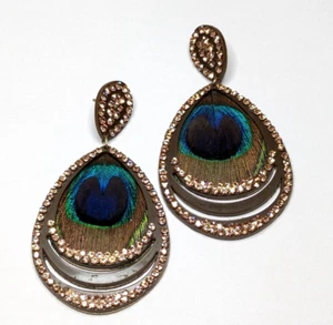 Real Peacock Feather & Rhinestone Chunky Dangle Drop Statement Pierced Earrings - Picture 1 of 3