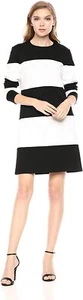 Nicole Miller L41328 Women's Black/White Striped Shift Dress Size Petite (0-2) - Picture 1 of 4
