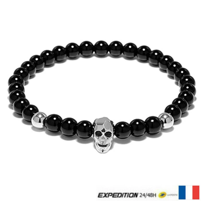 Bracelet Bijoux tête de mort Johnny Hallyday - Perles Onyx - Gris - 6mm - Photo 1/1