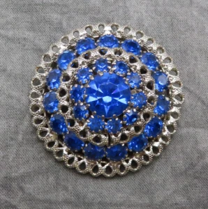 'Vintage Rhinestone Brooch Pin Cobalt Blue Faceted Crystal 2 in Silver Dome 393f - Picture 1 of 11