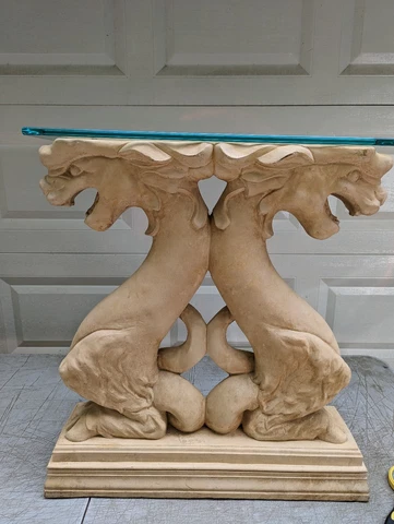 Vintage Hollywood Regency Chinoiserie Asian Dragons Statue w/Glass top Table Cover