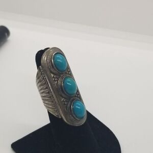 silver tone faux turquoise long ring size 5.5