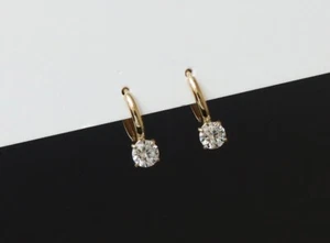 14ct Solid Gold Moissanite Solitaire Huggie Hoops Earrings, 14K, Round Cut, gift - Picture 1 of 7