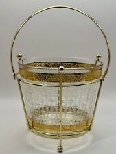 Ice Bucket Vintage 1960s Mid Century Retro Modern Glass in Brass Holder Barware