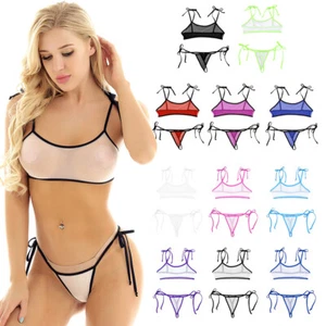 Women's 2Pcs Bikini Swimwear Bathing Suit Fishnet Mesh Sheer Lingerie Bra Briefs - Picture 1 of 51