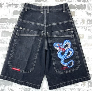 Vintage JNCO Shorts Men 30 Black Baggy Jean Wide Leg Y2K Skate Snake Embroidered - Picture 1 of 16