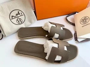 HERMES HORAN SANDALEN ETOUPE EPSOM LEDER FLIP FLOPS SCHUHE FLACHE SLIDES 38 - Bild 1 von 11