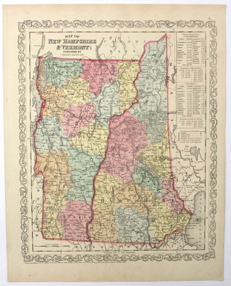 Mapa Mitchell 1857 Nuevo Hampshire y Vermont Litografía Original Coloreada a Mano Atlas Foto 1 de 1