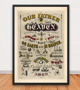 Lords Prayer Our Father Cross Print Art Wall Picture Quirky Modern A3 Retro God - Picture 1 of 2