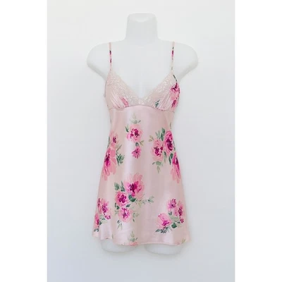 Y2K Floral Slip Dress Womens Size M Pink Satin Lace Mini Cami Cottage Coquette - Image 1 of 4