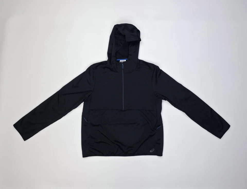 Sudadera con capucha pulóver grande negra calce regular Asics para hombre tejido rejilla polar 1/4 cremallera Foto 1 de 4