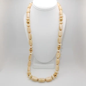 Vintage Beaded Necklace / Napier / Ivory & Gold Beads / 30" L / Fold-Over Clasp - Picture 1 of 2