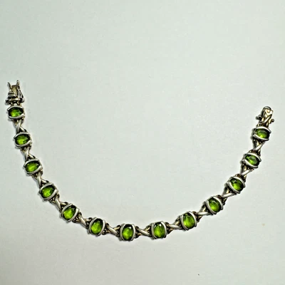 复古纯银天然绿色 Peridot 网球手链 7.25 英寸 — 第 1/4 张图片