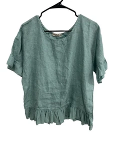 Terzo Millennio Linen Ruffle Short Sleeve Peasant Top Green Sz Small Coastal - Picture 1 of 11