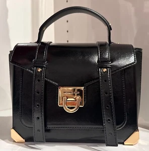 Michael Kors Manhattan Medium Black Vegan Patent Leather Satchel Crossbody Bag - Picture 1 of 10