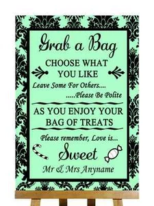 Mint Green Black Damask Candy Buffet Sweet Cart Poem Personalised Wedding Sign - Picture 1 of 8