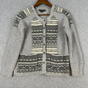 Eddie Bauer Cardigan Womens M Gray Wool Blend Knit Fair Isle Nordic Winter Lodge - Picture 1 of 12