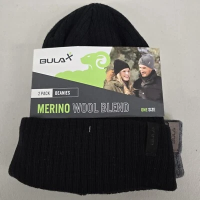Gorros térmicos Bula Merino mezcla lana, unisex, negro/gris, paquete de 2, nuevos con etiqueta Foto 1 de 2