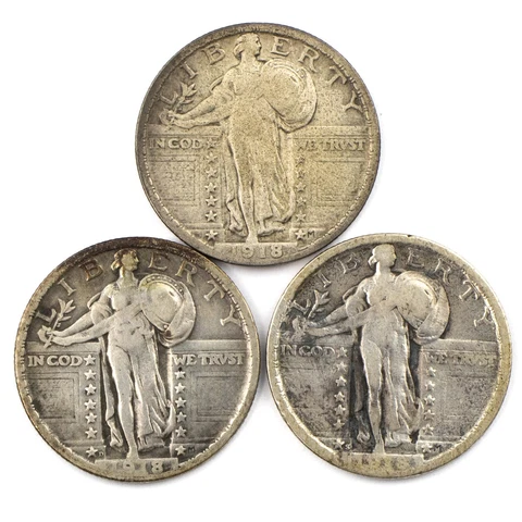 1918 P-D-S Standing Liberty Quarters, 90% Silver (3 coins) Cover