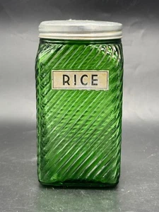 "Tarro de despensa Hoosier de mediados de siglo, vidrio verde, diseño de línea, soporte de arroz 5 1/4" - Imagen 1 de 1