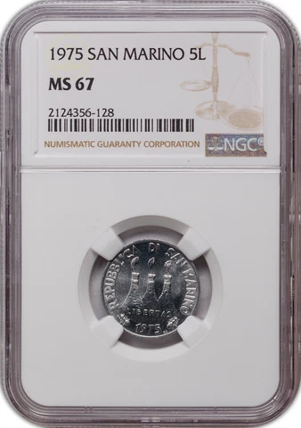 1975 SAN MARINO 5 LIRE NGC EUROPEAN HEDGEHOG MS 67 ONLY 1 GRADED HIGHER Cover