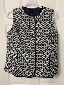 TALBOTS Women's Geo Blue White Down Filled Quilted Puffer Zip Up Vest Sz S - Picture 1 of 8