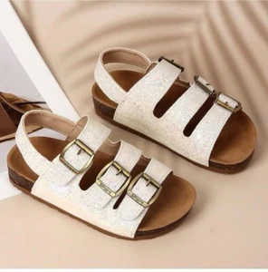 Kids' Leather Sandals - Three-Strap Design with Cork Sole, Footbed Comfort, Open - Picture 1 of 7