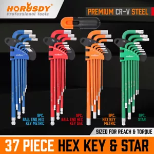 37 Pcs Hex Key Allen Allan Wrench Set Metric & Imperial Ball End Coloured Long - Picture 1 of 10