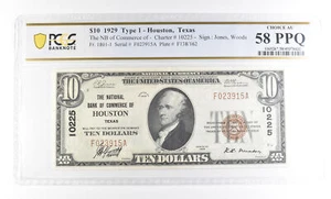 1929 $10 Houston TX National Currency Ch#10225 AU 58 PPQ PCGS *2492 - Picture 1 of 3