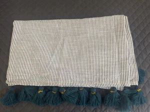 ANTHROPOLOGIE Mindra Stripe Curtain Panel 96 X 50 Indigo Stripes Teal Tassel NWT - Picture 1 of 8