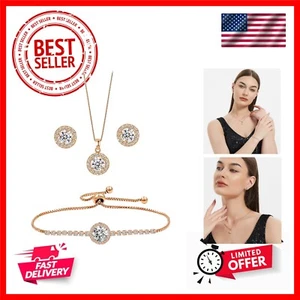 Round Earrings Necklace Bracelet Jewelry Set For Women Bridal Bridesmaid Wedd... - Picture 1 of 9