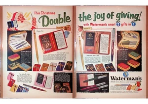 1950s Waterman's Pens Christmas Gift Santa Art Vintage 2 Page Print Ad - Picture 1 of 1