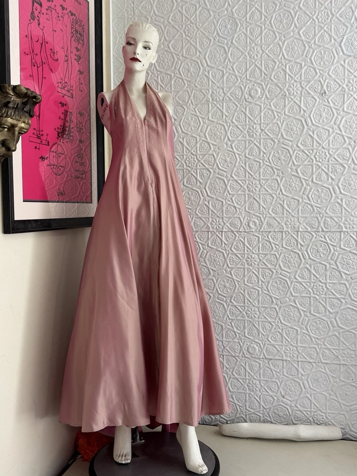 Jessica Mcclintock Millennial Pink Y2K Gown-Halter-Irridescent-Prom Dress-Fancy Foto 1 de 4