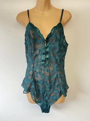 Victoria’s Secret 金色标签缎面泰迪紧身衣裤翡翠天鹅绒倦怠花边 M — 第 1/4 张图片