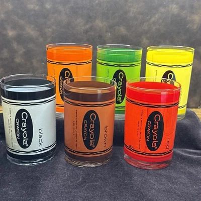 Juego completo de 6 Crayola vívidos, coloridos, 12 oz. Gafas, vintage hechas por Cera Foto 1 de 4