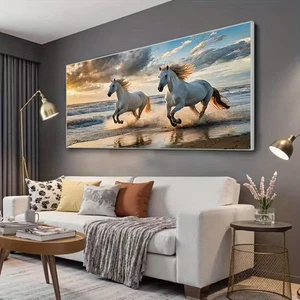 Beach Running Two-Winged White Steeds Unframed Canvas Painting for Living - Picture 1 of 5