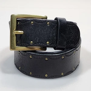 Amanda Smith Wide Black Genuine Leather Studded Belt Women M SOLID BRASS Buckle - Picture 1 of 8