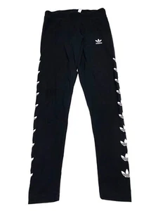 Adidas Youth Girls Leggings Black With Multiple Side Logo White Sz 12 24”W - Picture 1 of 12