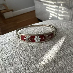 Vintage Alpaca Mexico Silver Flower Abalone Inlay Bangle Hinged Mosaic Bracelet - Picture 1 of 4