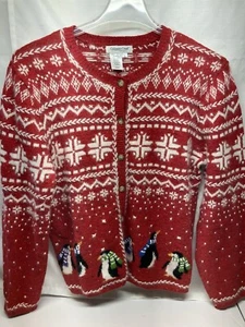 Coldwater Creek Christmas Cardigan Sweater Women’s LARGE Red Fair Isle Penguin - Picture 1 of 6