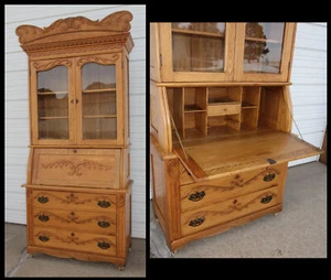 Antique Oak 3 Pc Burlington Cabinet Desk Bookcase Secretary Chittenden & Eastman - Picture 1 of 10