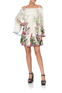 Camilla Kaftan Faraway Tiered Mini Dress Silk Floral Off Shoulder Frill Size M - Picture 1 of 15